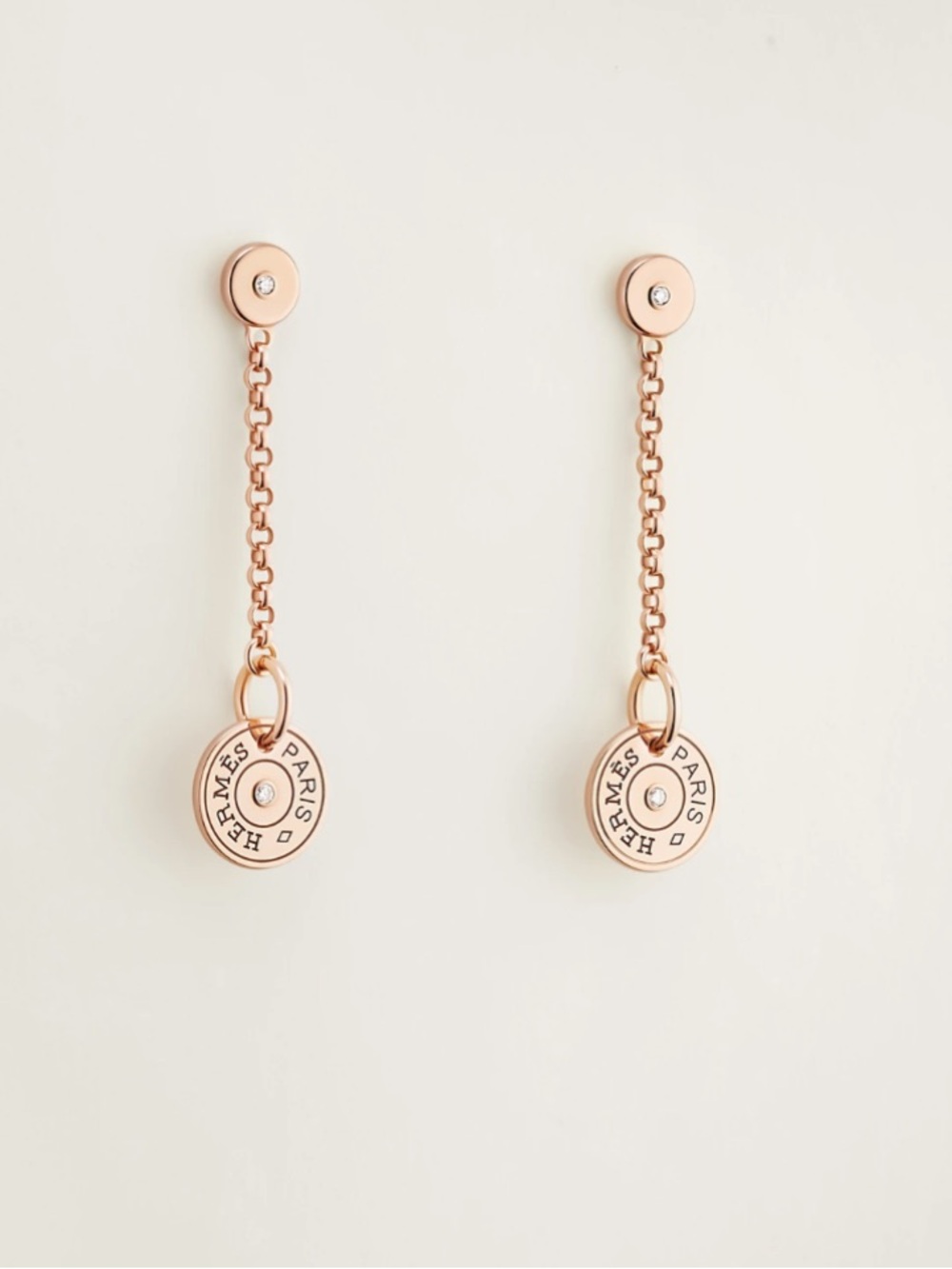 Hermès Ex-Libris Clou de Selle 18K Rose Gold Diamond Drop Chain Earrings